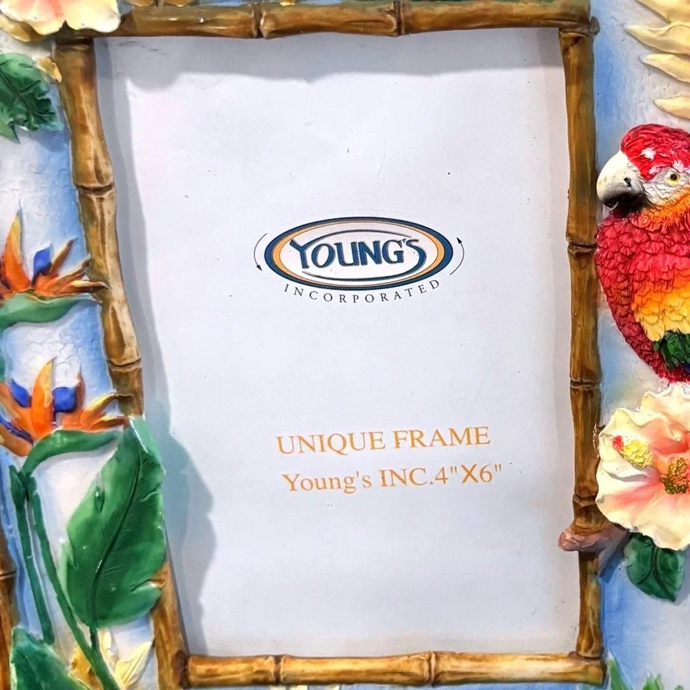 Tropical Parrot Photo Frame 4x6 Macaw Hibiscus Faux Bamboo Coastal Island Décor